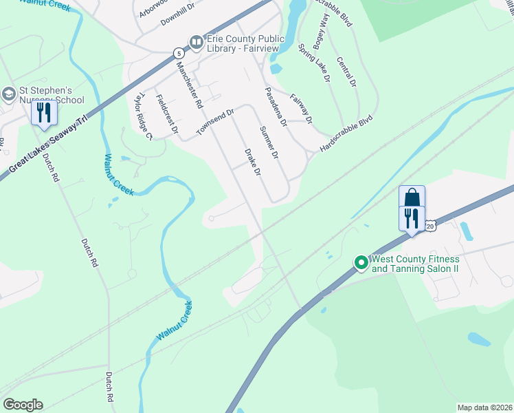 map of restaurants, bars, coffee shops, grocery stores, and more near 1530 Drake Drive in Erie