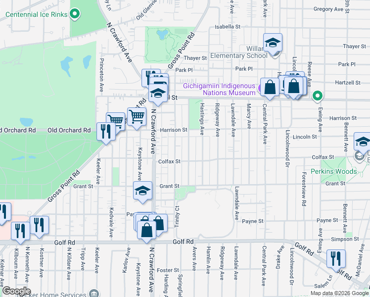 map of restaurants, bars, coffee shops, grocery stores, and more near 2428 Cowper Avenue in Evanston