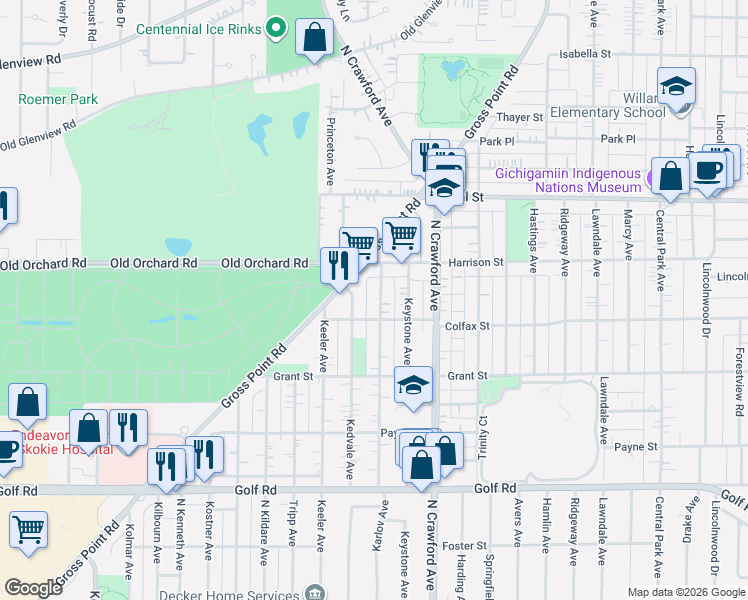 map of restaurants, bars, coffee shops, grocery stores, and more near 9925 Kedvale Avenue in Skokie