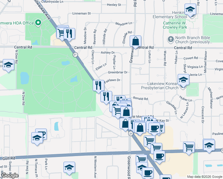 map of restaurants, bars, coffee shops, grocery stores, and more near 319 Cherry Court in Glenview