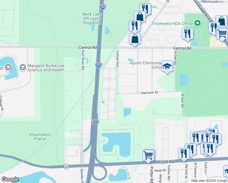 map of restaurants, bars, coffee shops, grocery stores, and more near 10014 Holly Lane in Des Plaines