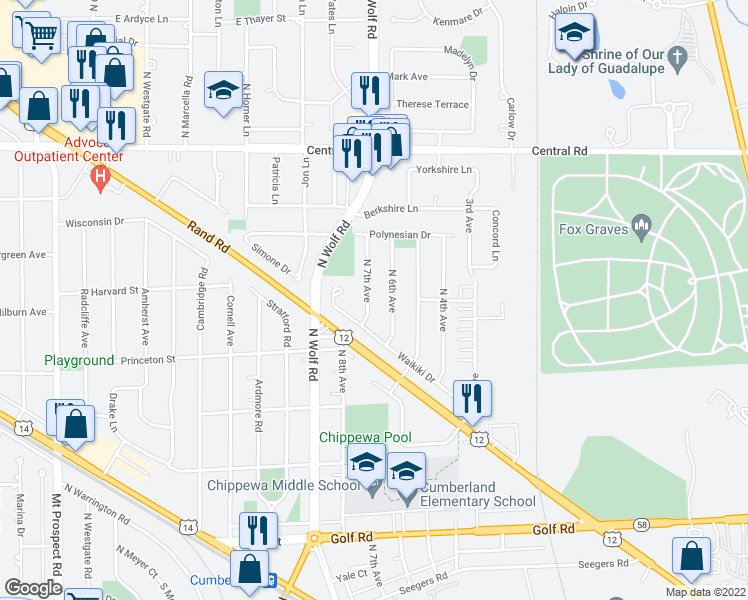 map of restaurants, bars, coffee shops, grocery stores, and more near 499 North 7th Avenue in Des Plaines