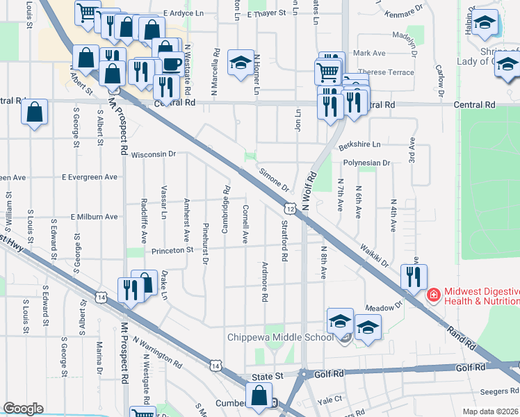 map of restaurants, bars, coffee shops, grocery stores, and more near 489 Cornell Avenue in Des Plaines