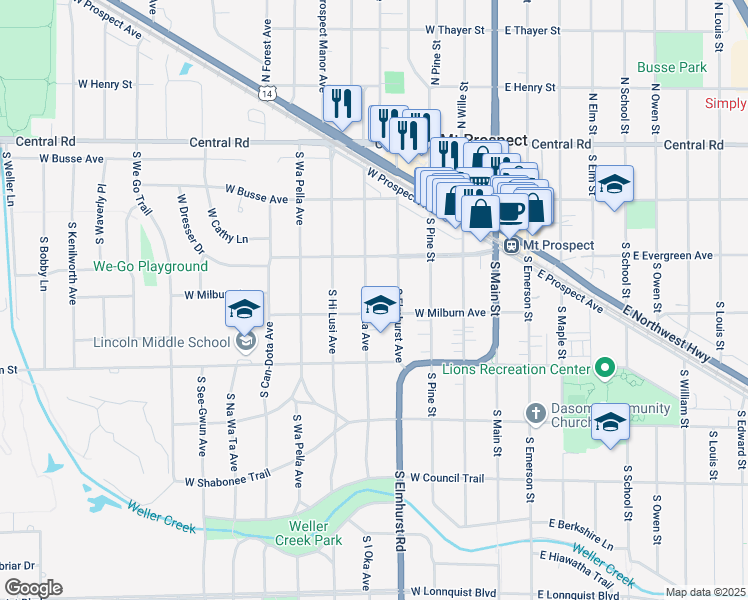 map of restaurants, bars, coffee shops, grocery stores, and more near 215 South I Oka Avenue in Mount Prospect
