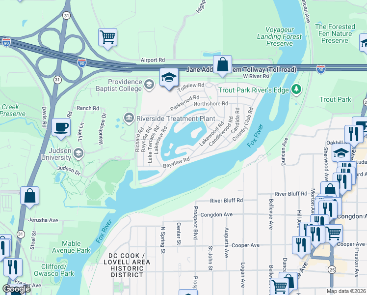 map of restaurants, bars, coffee shops, grocery stores, and more near 299 Little Peninsula Road in Elgin