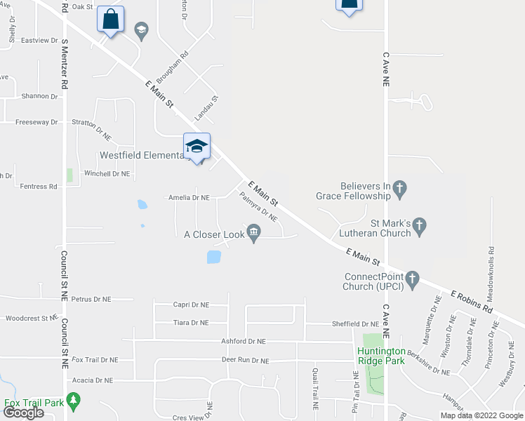 map of restaurants, bars, coffee shops, grocery stores, and more near 825 Palmyra Drive Northeast in Cedar Rapids