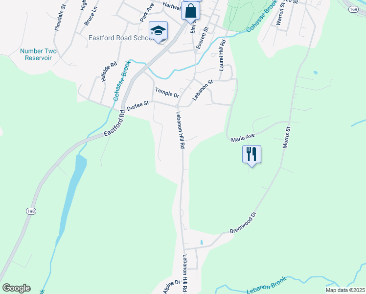 map of restaurants, bars, coffee shops, grocery stores, and more near 83 Lebanon Hill Road in Southbridge