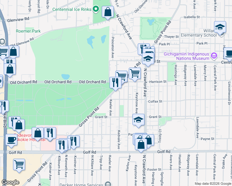map of restaurants, bars, coffee shops, grocery stores, and more near 9925 Gross Point Road in Skokie