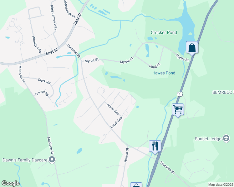 map of restaurants, bars, coffee shops, grocery stores, and more near 70 Dunn Avenue in Wrentham