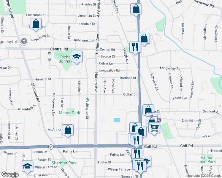 map of restaurants, bars, coffee shops, grocery stores, and more near 320 Neva Avenue in Glenview