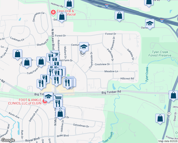 map of restaurants, bars, coffee shops, grocery stores, and more near 1125 Countryside Drive in Elgin