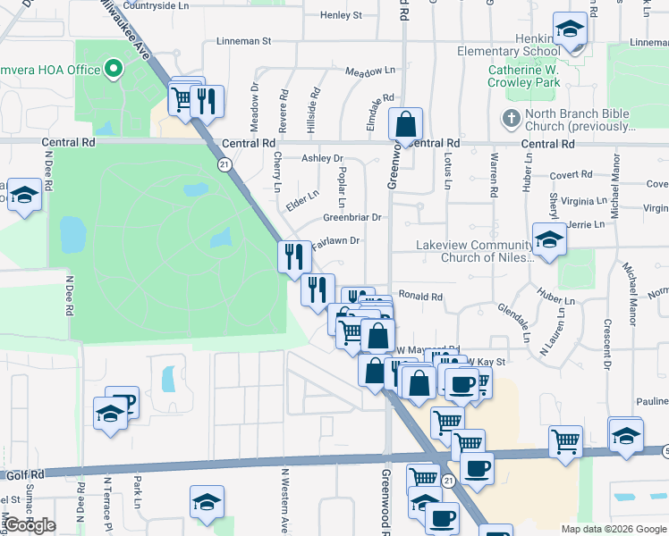 map of restaurants, bars, coffee shops, grocery stores, and more near 319 Cherry Court in Glenview