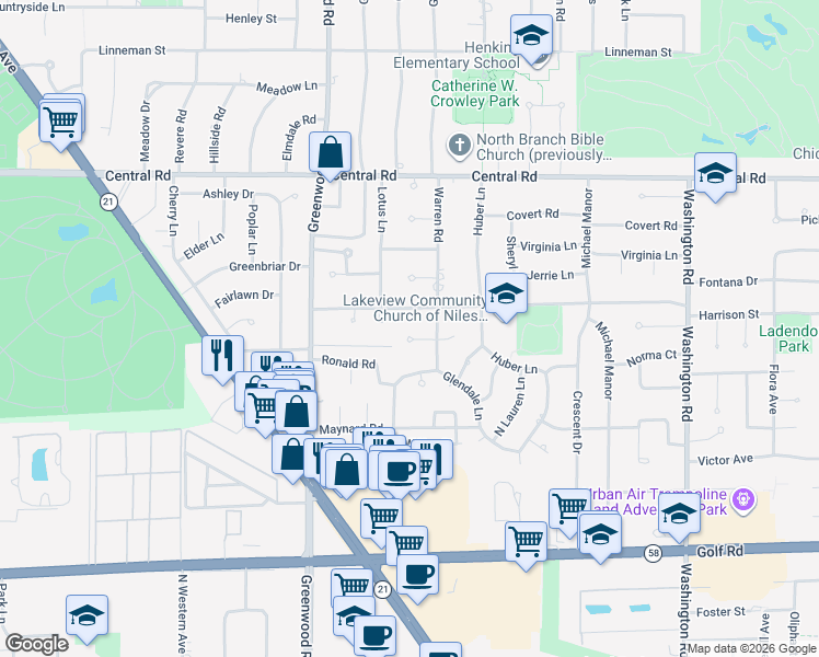 map of restaurants, bars, coffee shops, grocery stores, and more near 3207 Wald Court in Glenview