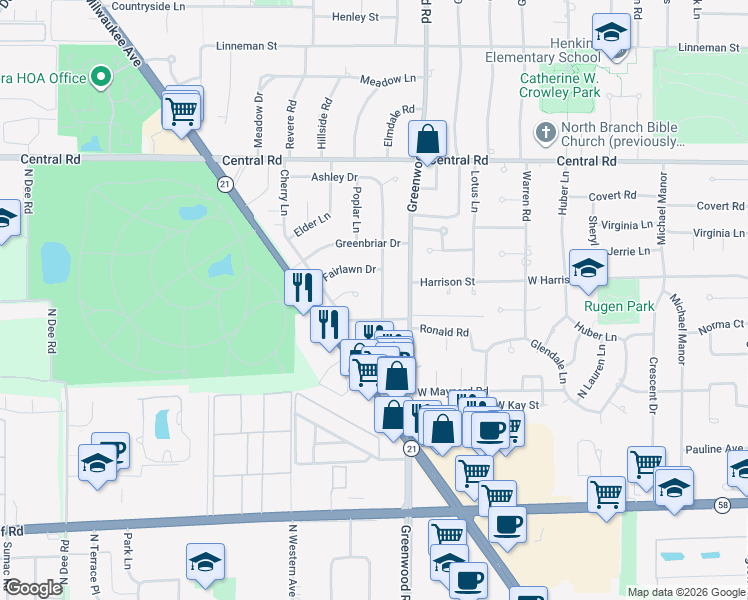 map of restaurants, bars, coffee shops, grocery stores, and more near 332 Hazelwood Ln in Glenview