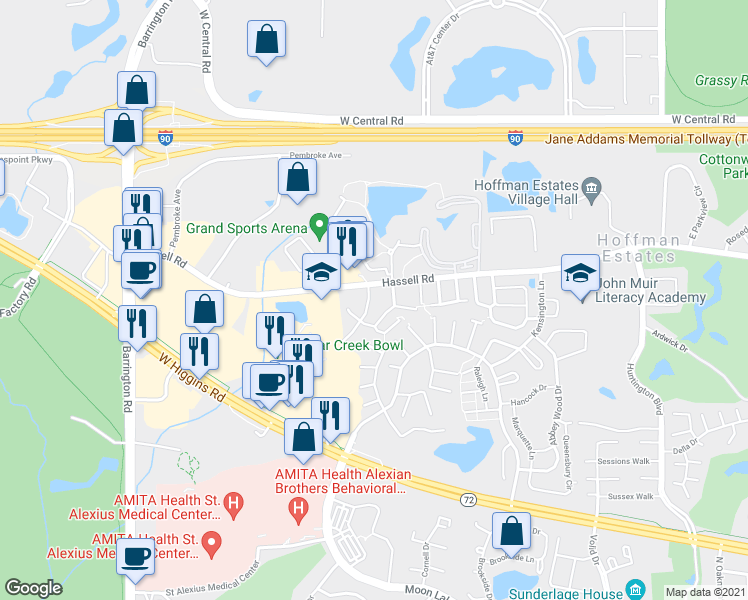 map of restaurants, bars, coffee shops, grocery stores, and more near 1989 Blackberry Lane in Hoffman Estates