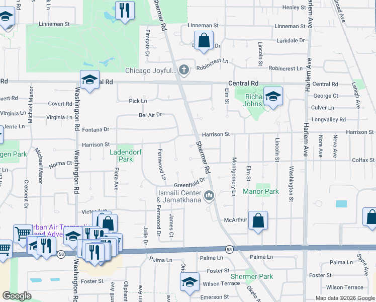 map of restaurants, bars, coffee shops, grocery stores, and more near 2309 Malik Court in Glenview