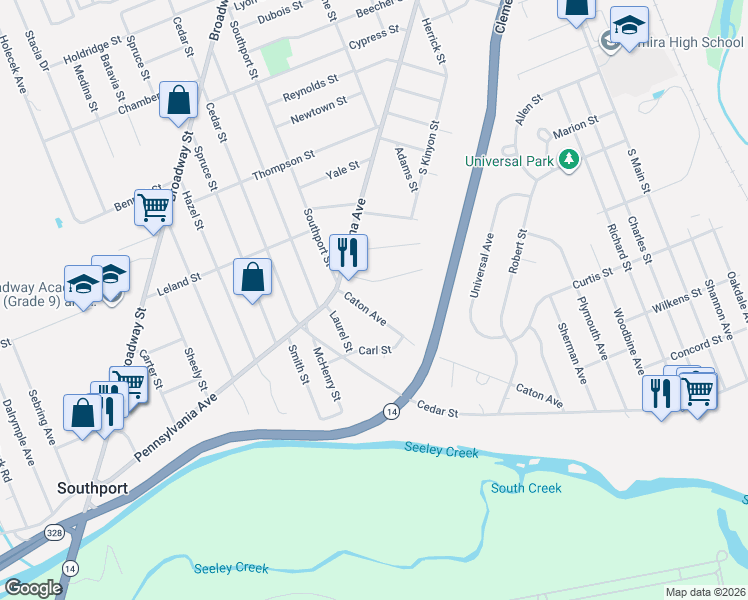 map of restaurants, bars, coffee shops, grocery stores, and more near 1015 Caton Avenue in Elmira