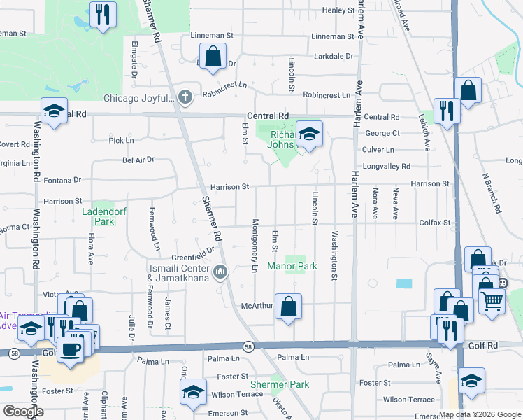 map of restaurants, bars, coffee shops, grocery stores, and more near 319 Montgomery Lane in Glenview