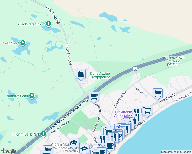 map of restaurants, bars, coffee shops, grocery stores, and more near 40A Nelson Avenue in Provincetown