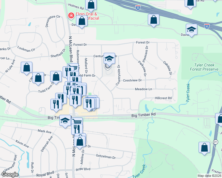 map of restaurants, bars, coffee shops, grocery stores, and more near 1125 Countryside Drive in Elgin