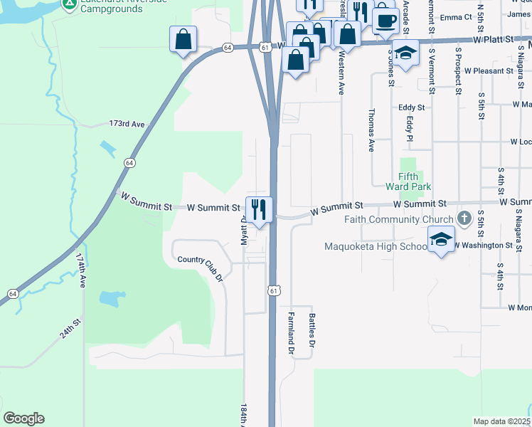 map of restaurants, bars, coffee shops, grocery stores, and more near 1000 West Summit Street in Maquoketa
