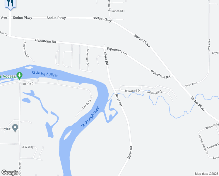 map of restaurants, bars, coffee shops, grocery stores, and more near 3086 River Road in Sodus Township