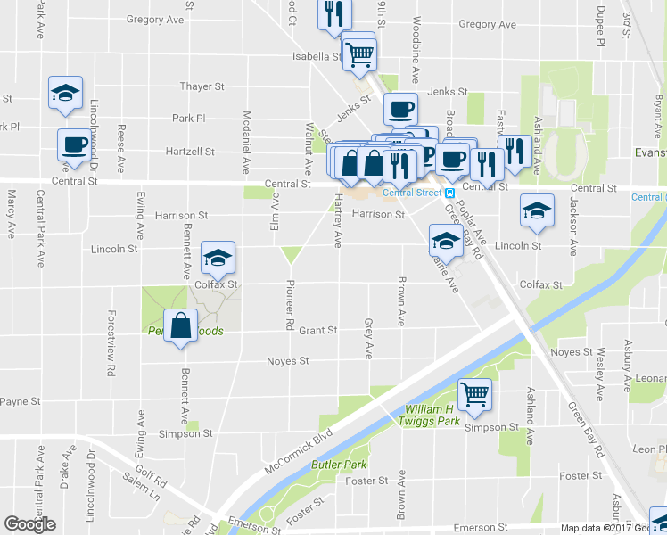 map of restaurants, bars, coffee shops, grocery stores, and more near 2414 Hartrey Avenue in Evanston