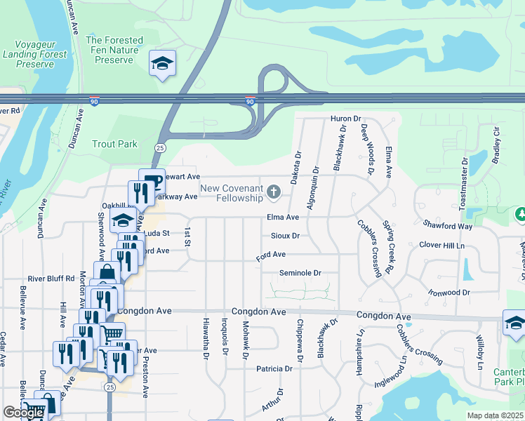 map of restaurants, bars, coffee shops, grocery stores, and more near 838 Elma Avenue in Elgin