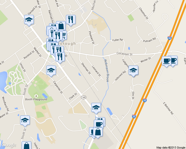 map of restaurants, bars, coffee shops, grocery stores, and more near 42 Sherman Street in Foxborough