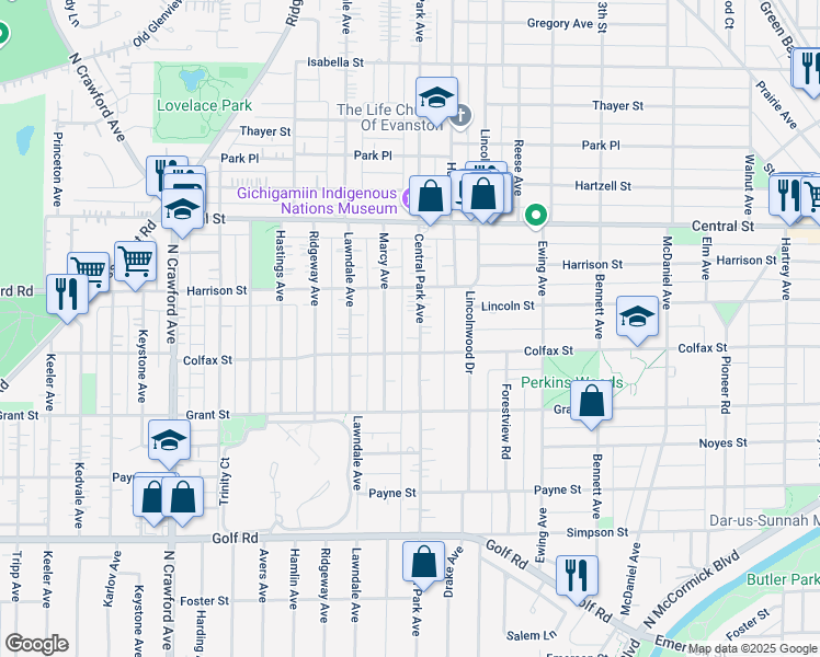 map of restaurants, bars, coffee shops, grocery stores, and more near 2421 Marcy Avenue in Evanston