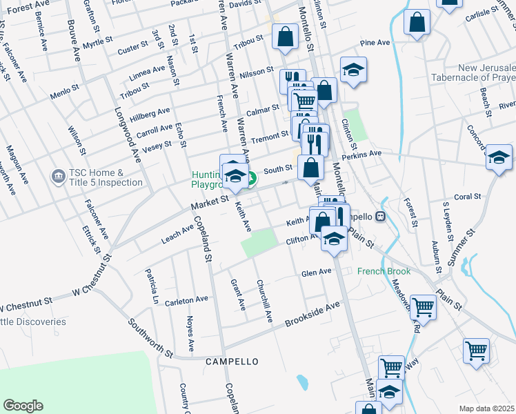 map of restaurants, bars, coffee shops, grocery stores, and more near 1125 Warren Avenue in Brockton