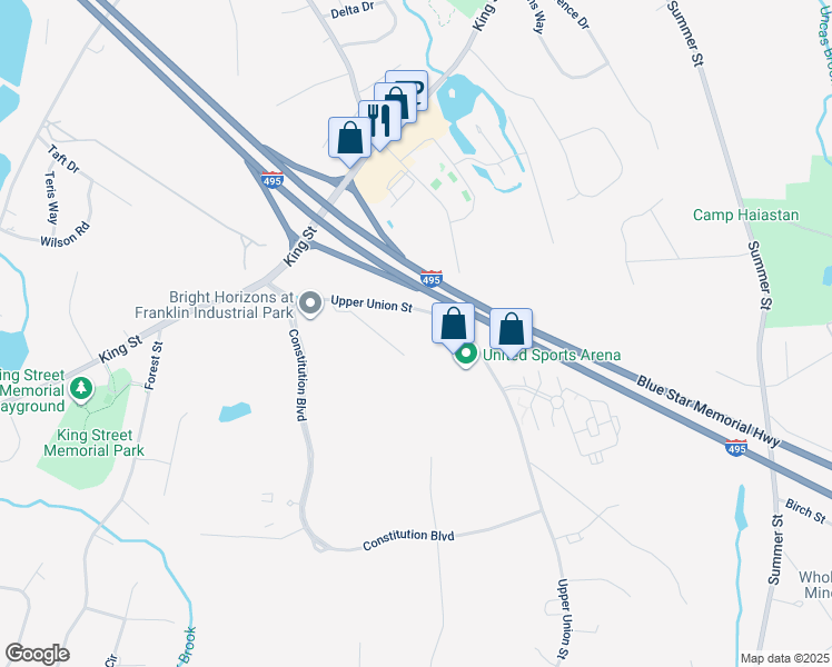 map of restaurants, bars, coffee shops, grocery stores, and more near 835 Upper Union Street in Franklin
