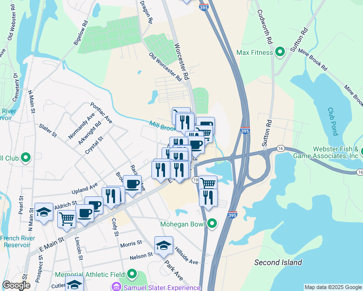 map of restaurants, bars, coffee shops, grocery stores, and more near 20 Hartley Street in Webster