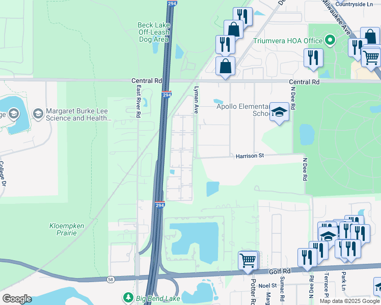map of restaurants, bars, coffee shops, grocery stores, and more near 10014 Holly Lane in Des Plaines