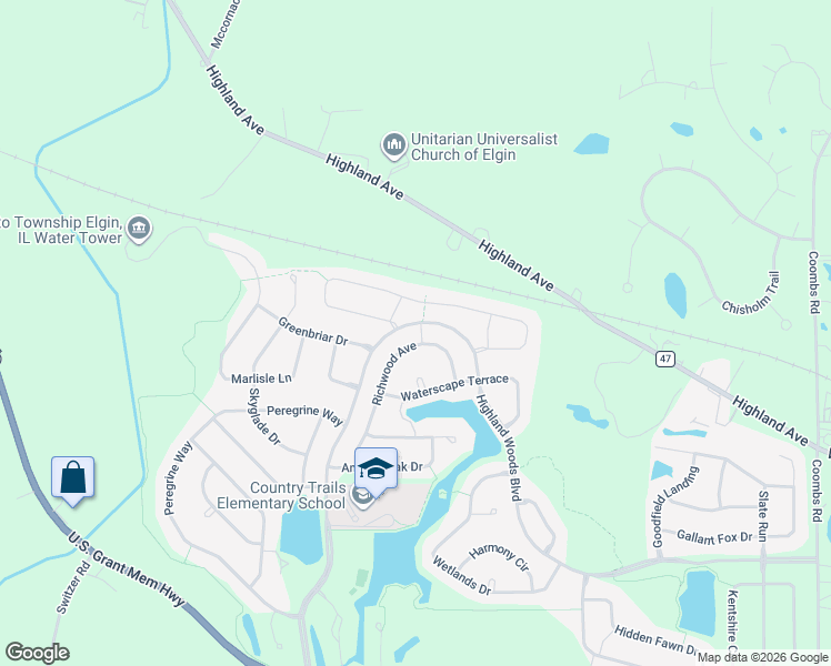 map of restaurants, bars, coffee shops, grocery stores, and more near 798 Richwood Avenue in Elgin