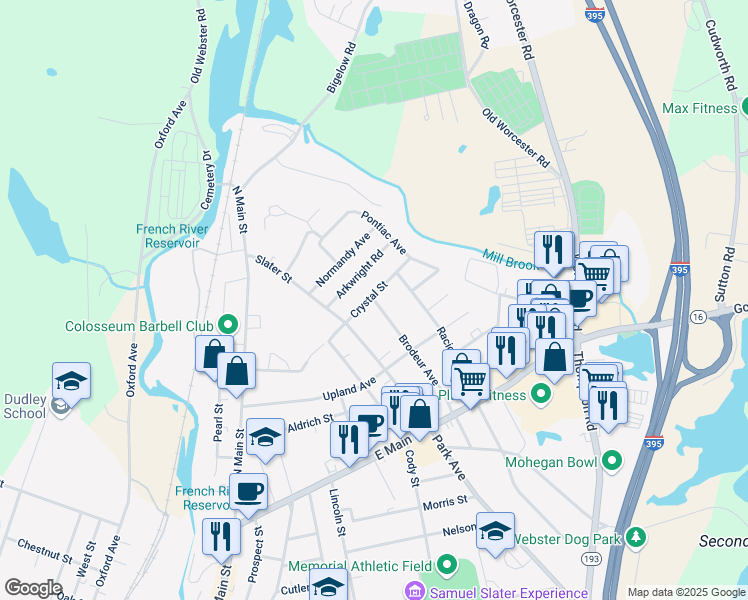 map of restaurants, bars, coffee shops, grocery stores, and more near 32 Brodeur Avenue in Webster