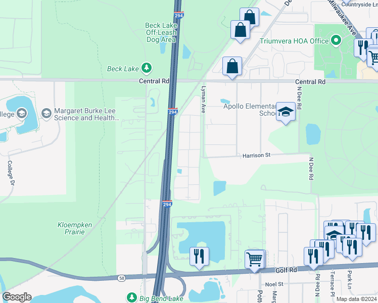 map of restaurants, bars, coffee shops, grocery stores, and more near 10014 Holly Lane in Des Plaines