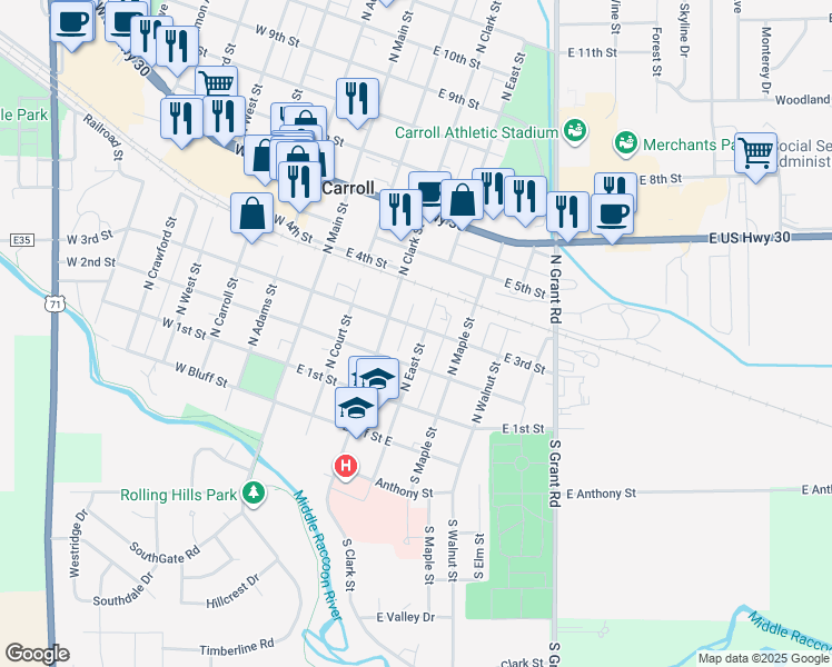 map of restaurants, bars, coffee shops, grocery stores, and more near 318 E 3rd St in Carroll