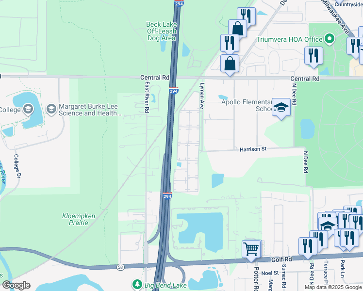 map of restaurants, bars, coffee shops, grocery stores, and more near 10013 Linda Lane in Des Plaines