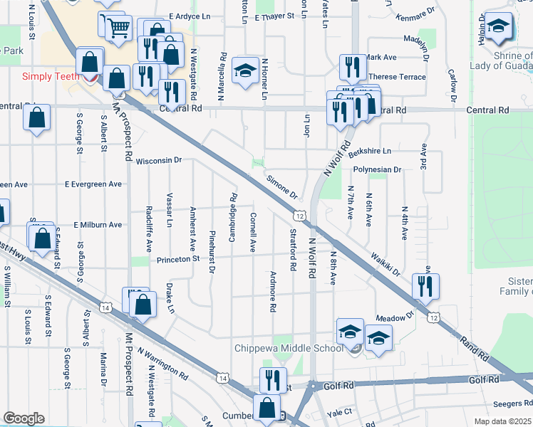 map of restaurants, bars, coffee shops, grocery stores, and more near 489 Cornell Avenue in Des Plaines