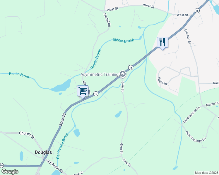 map of restaurants, bars, coffee shops, grocery stores, and more near 85 Main Street in Douglas