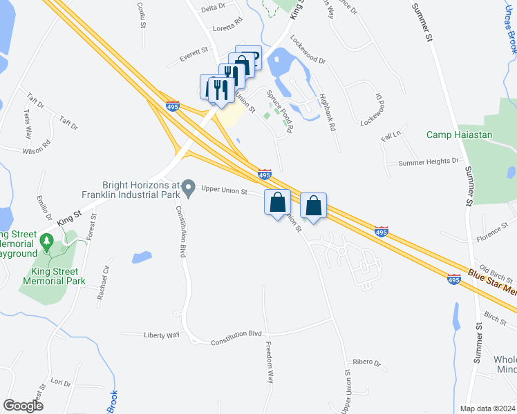 map of restaurants, bars, coffee shops, grocery stores, and more near 835 Upper Union Street in Franklin