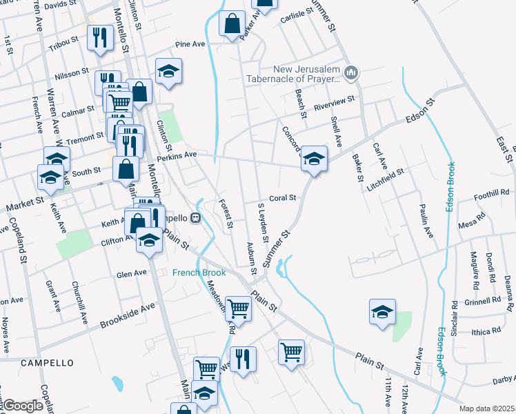 map of restaurants, bars, coffee shops, grocery stores, and more near 109 South Leyden Street in Brockton