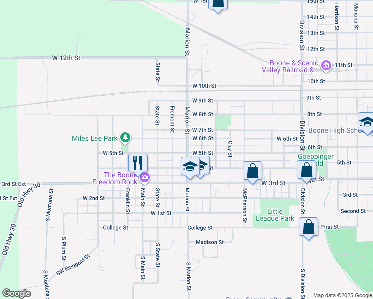 map of restaurants, bars, coffee shops, grocery stores, and more near 503 Marion Street in Boone