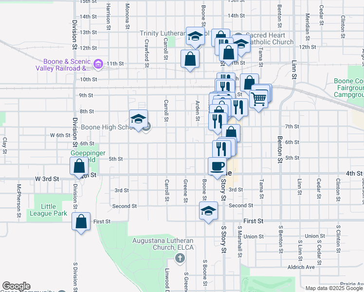 map of restaurants, bars, coffee shops, grocery stores, and more near 527 Greene Street in Boone