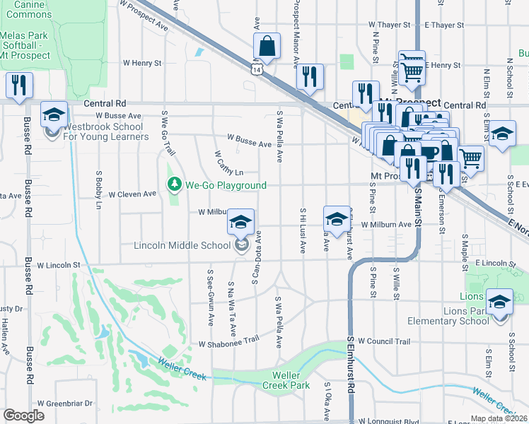 map of restaurants, bars, coffee shops, grocery stores, and more near 217 South Can-Dota Avenue in Mount Prospect