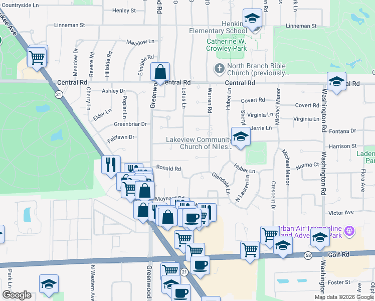 map of restaurants, bars, coffee shops, grocery stores, and more near 3207 Wald Court in Glenview