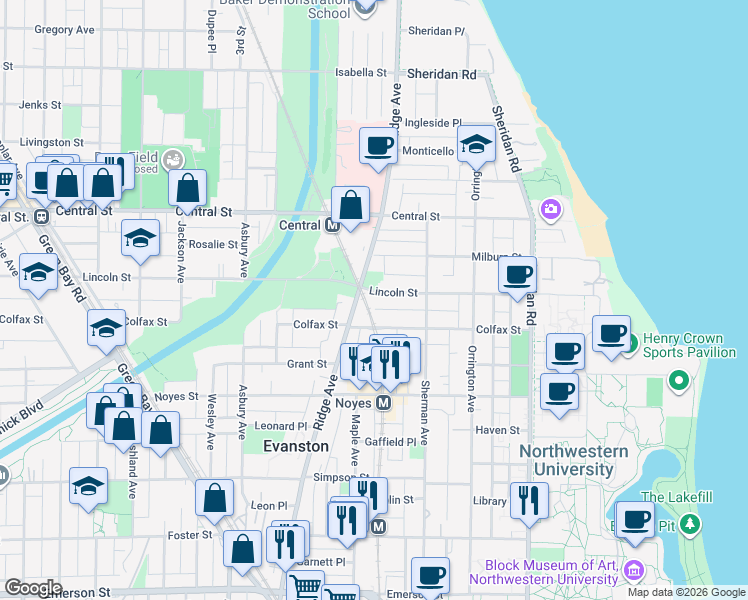 map of restaurants, bars, coffee shops, grocery stores, and more near 902 Lincoln Street in Evanston