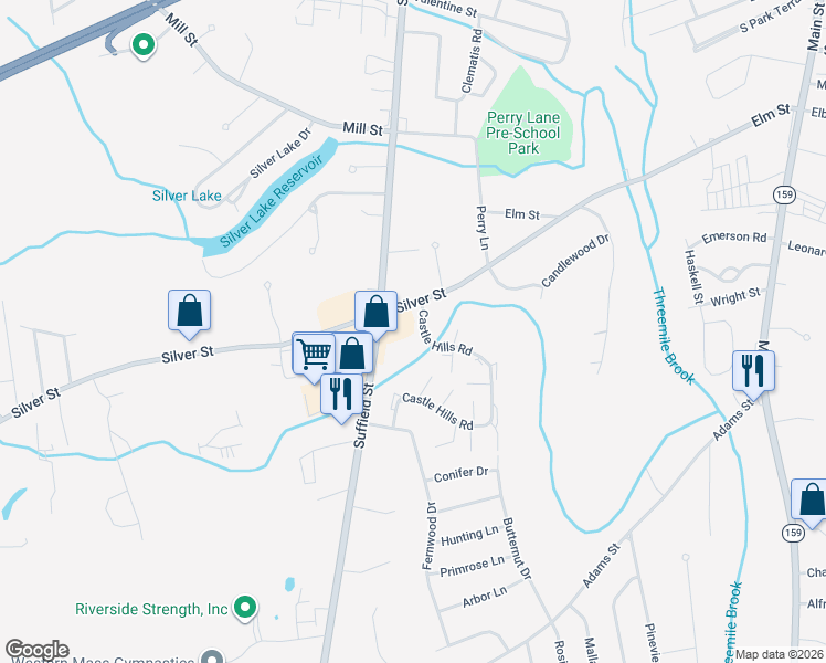 map of restaurants, bars, coffee shops, grocery stores, and more near 2 Castle Hills Road in Agawam