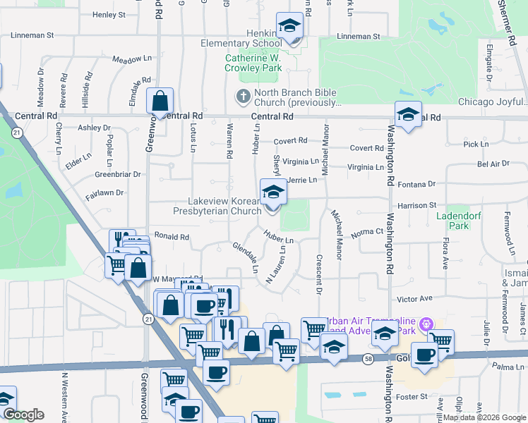 map of restaurants, bars, coffee shops, grocery stores, and more near 8257 West Harrison Street in Niles